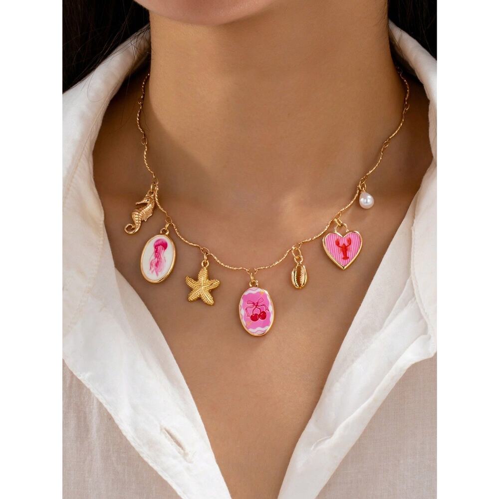 Gold Charm Necklace Beach Ocean Starfish Jellyfish Cherry Cute Aesthetic